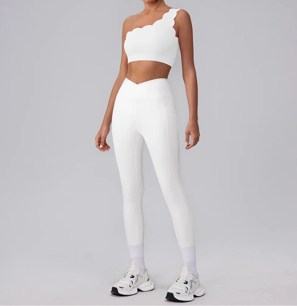 One Shoulder Seamless Scallop Edge Yoga Set